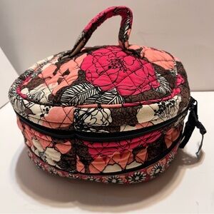 Vera Bradley Round Cosmetic Case Mocha Rouge Retired Pink Brown Floral Quilted